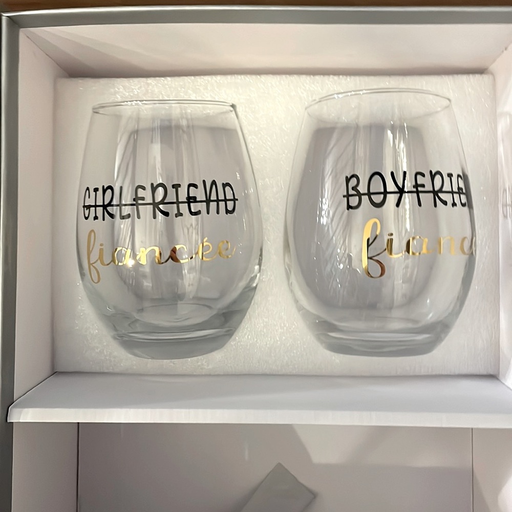 Fiancée stemless wine glasses and Engaged wine bottle gift set NWT